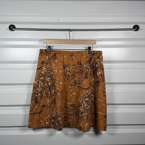 Garnet Hill Womens Medium Brown Scenic Toile Print Cotton A-Line Skirt Elastic